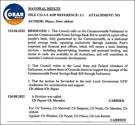 22 August 2022 - Cobar Shire Council Mayoral Minute Resoultion - Commonwealth Postal Savings Bank - from minutes